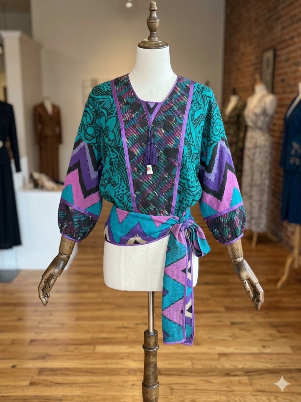 Bohemian Teal & Purple Tie-Waist Pullover Blouse